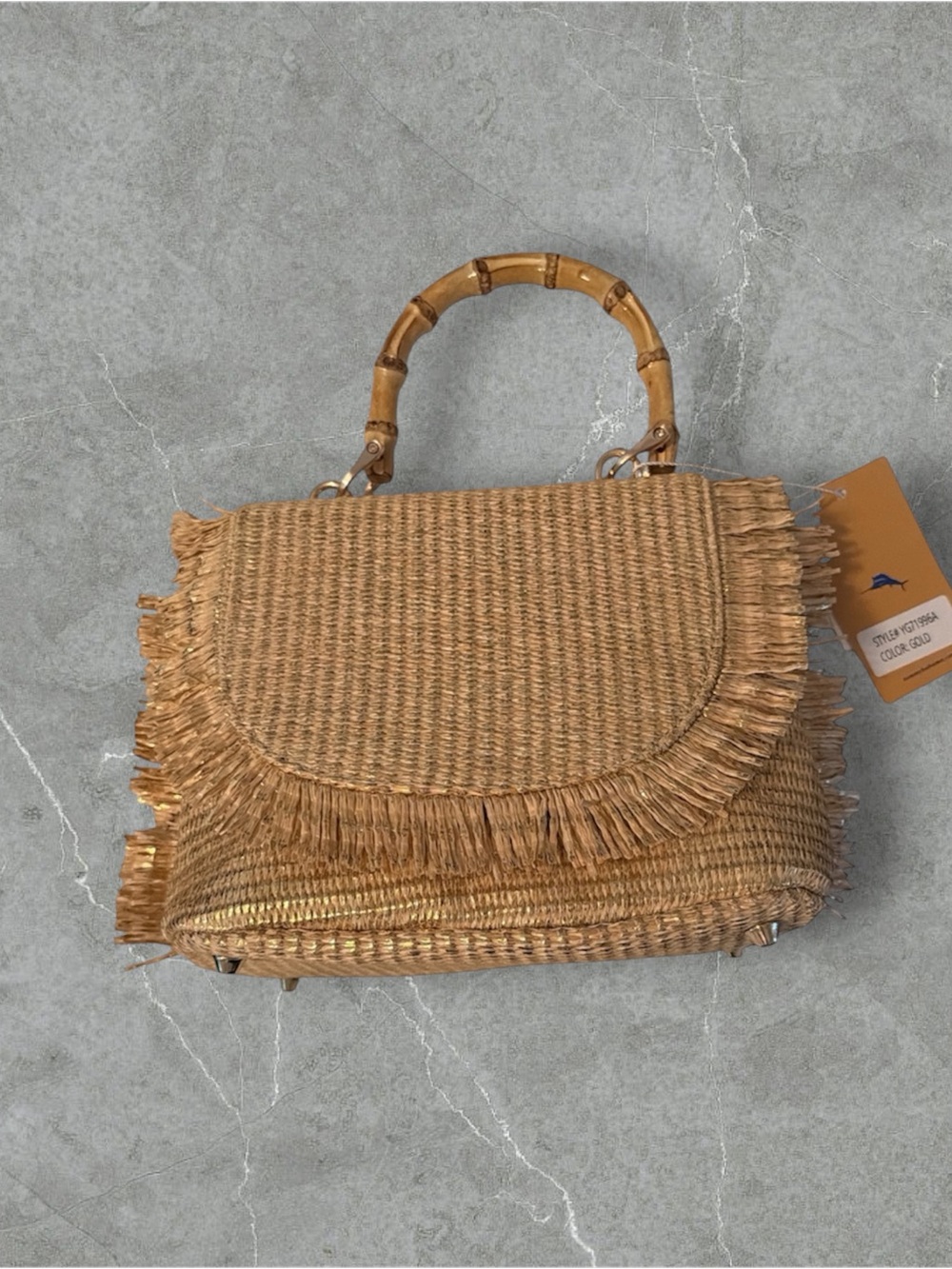 Tommy Bahama Woven Raffia Straw Fringe Bamboo Handle  crossbody bag gold NWT